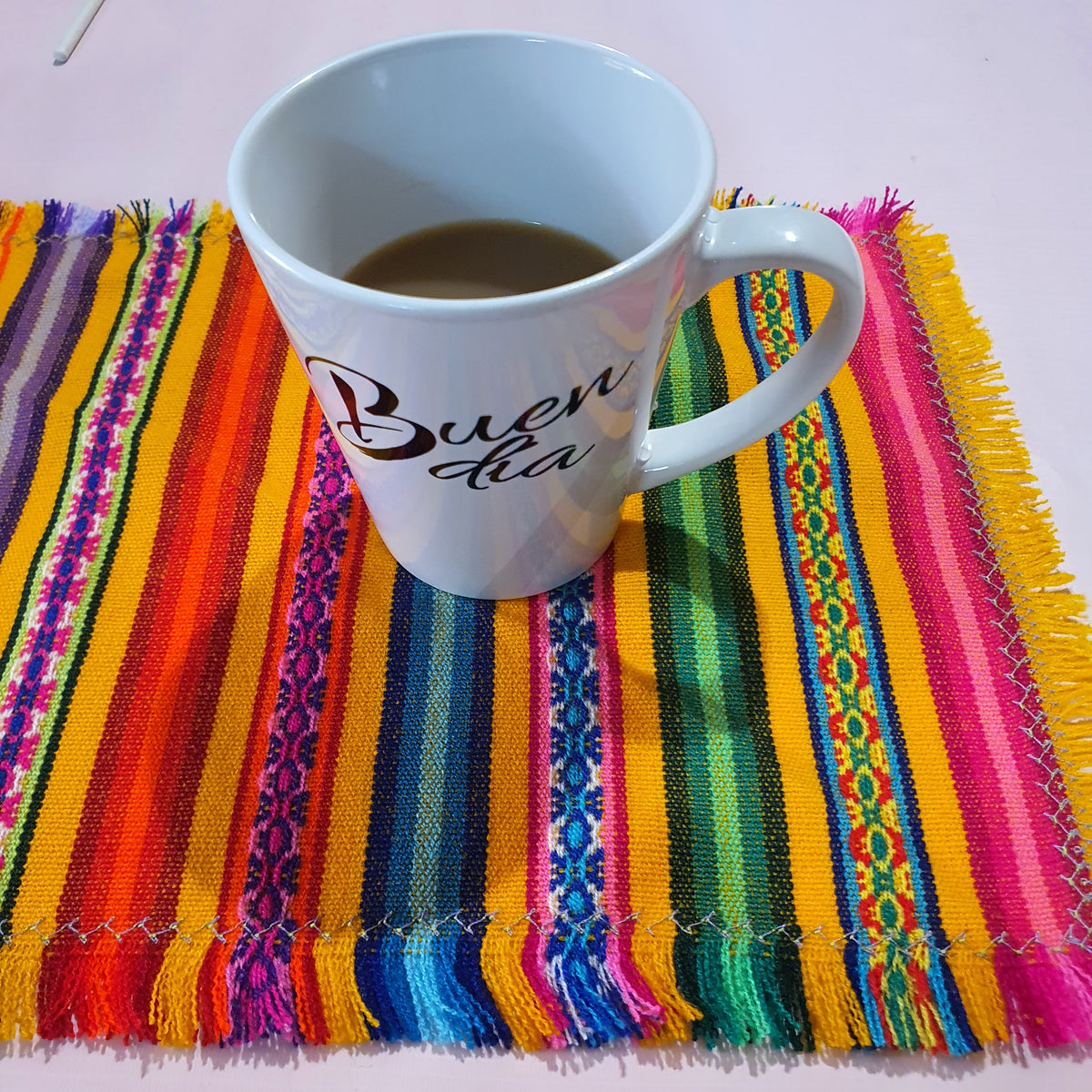 andean, table runner, south america, mango, marigold, with ceramic cup