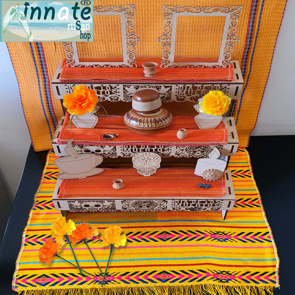 Full set altar, ofrenda dia de muertos, with silk flowers and pottery
