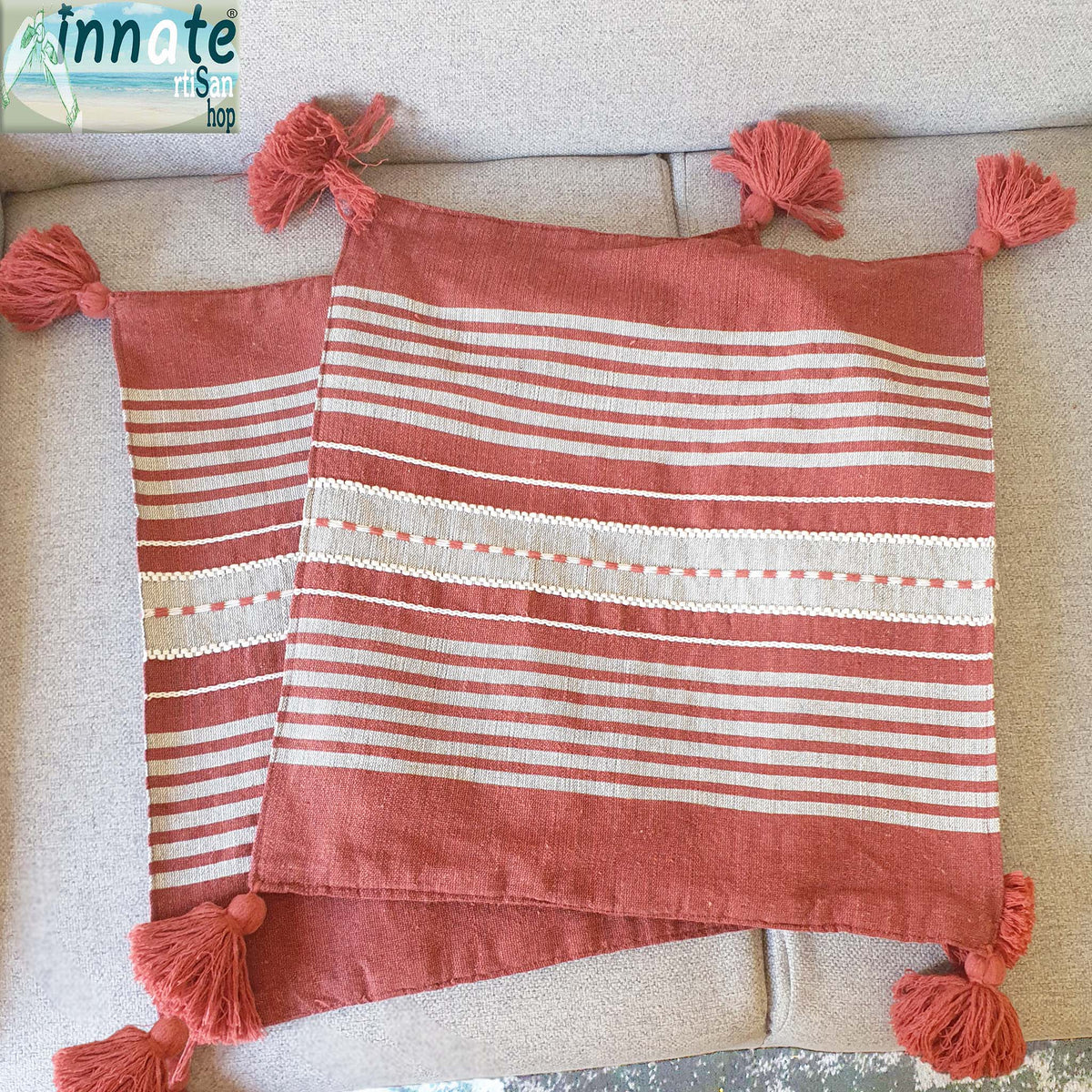 throw pillows, cover, Mexican, pedal loom, terracotta, gray, red, tassels, pom poms, loom made, artisan, washable, oyster pillow cover