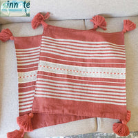 throw pillows, cover, Mexican, pedal loom, terracotta, gray, red, tassels, pom poms, loom made, artisan, washable, oyster pillow cover