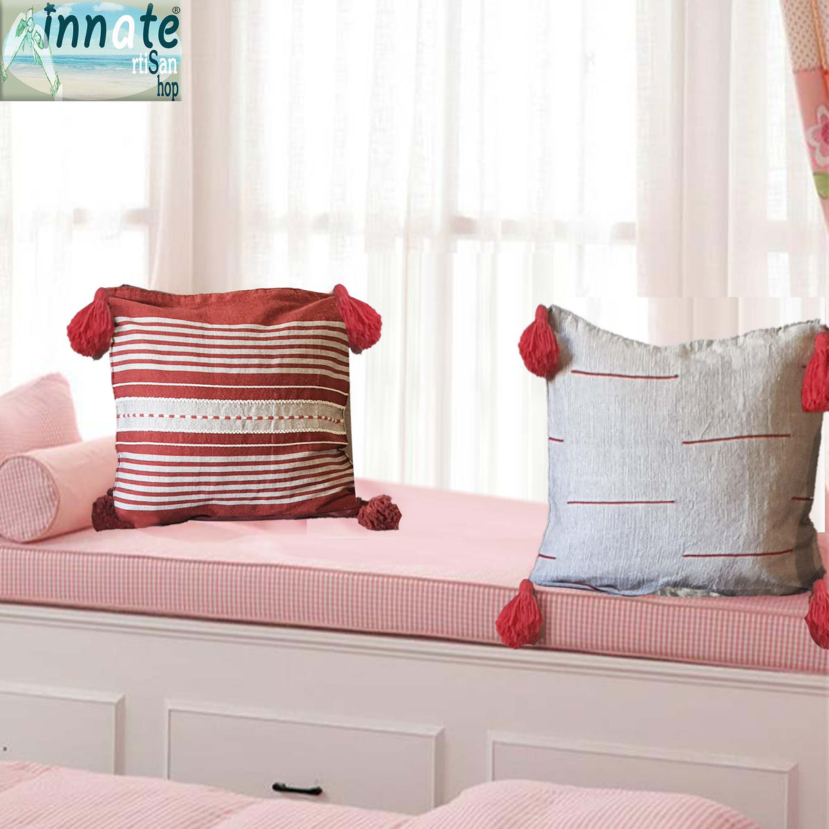 throw pillows, cover, Mexican, pedal loom, terracotta, gray, red, tassels, pom poms, loom made, artisan, washable, oyster pillow cover
