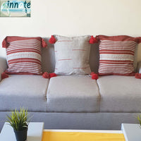 throw pillows, cover, Mexican, pedal loom, terracotta, gray, red, tassels, pom poms, loom made, artisan, washable, oyster pillow cover