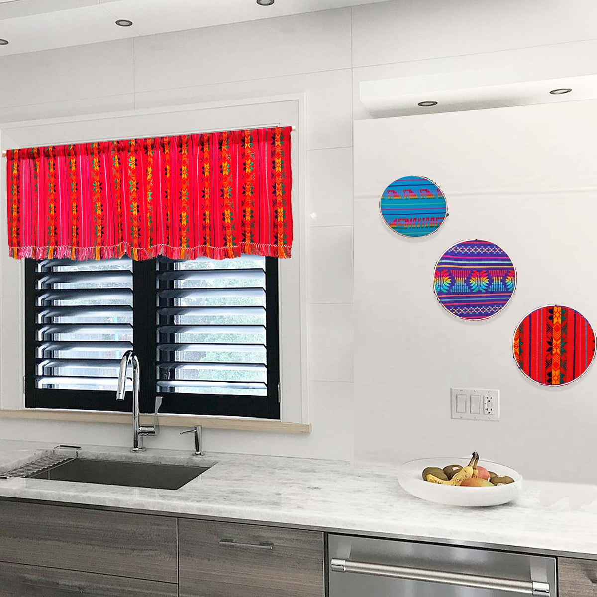 Mexican, valance, kitchen curtains, cafe curtain, red, woven, aztec, cortinas mexicanas, rojas, cambaya