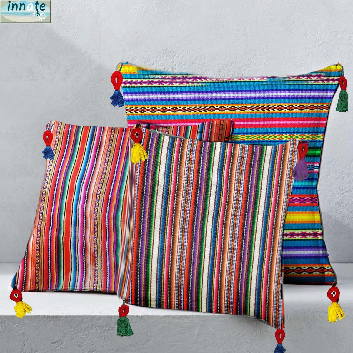 turquoise, white, throw pillow, with insert, andean, south america, peruvian, cojines, peruanos, andinos, aguayo, rellenos, with tassels, decor