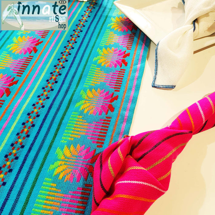 tassels, table runner, Mexican, turquoise, camino de mesa, turquesa, woven, artisan, con flecos