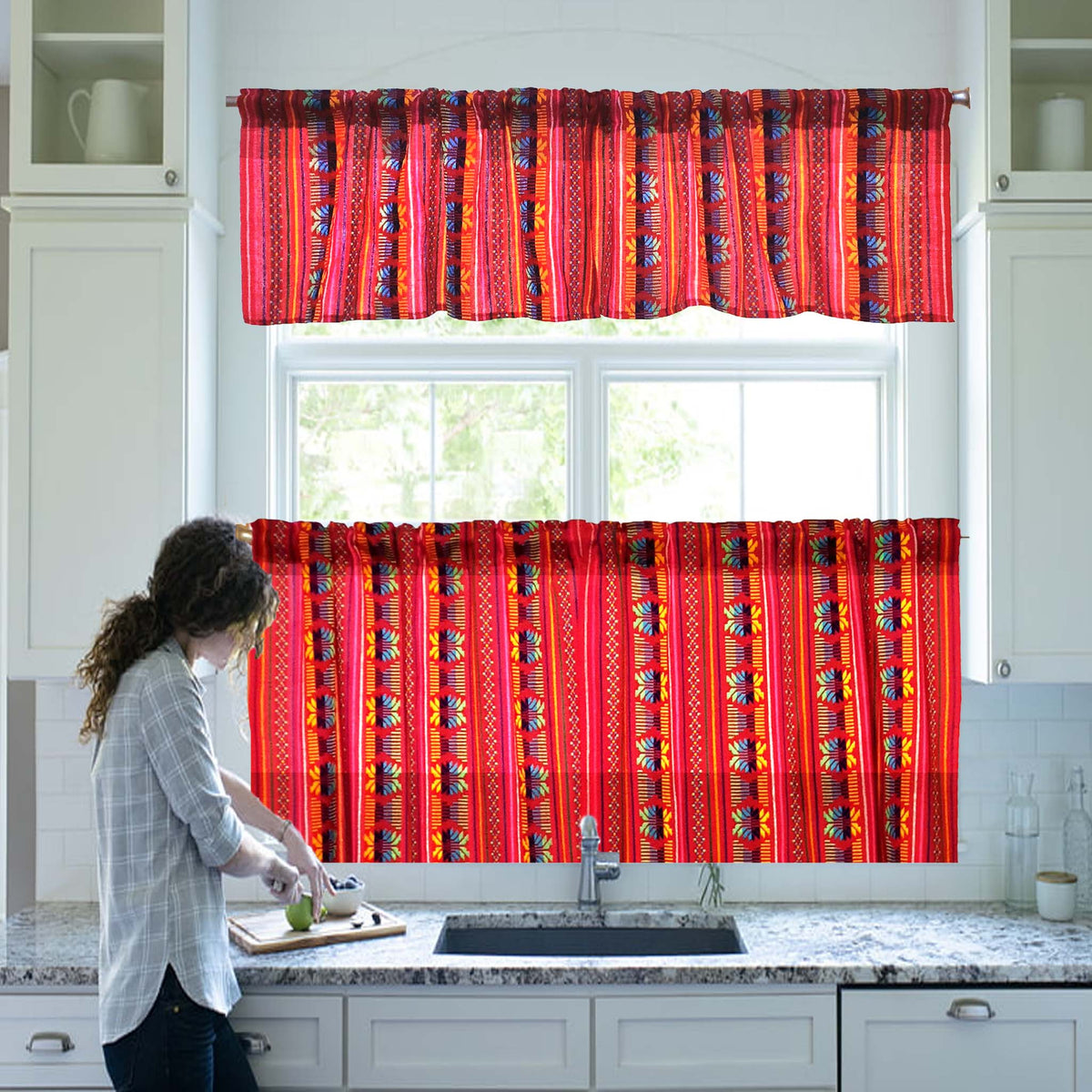 cortinas Mexicanas, rojas, tejidas, cambaya, Azteca, Maya, cafe Mexicano, Mexican curtains, cafe curtain, woven, Mexican valance, Mexican restaurant curtains, custom Mexican curtains, panels