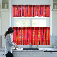 cortinas Mexicanas, rojas, tejidas, cambaya, Azteca, Maya, cafe Mexicano, Mexican curtains, cafe curtain, woven, Mexican valance, Mexican restaurant curtains, custom Mexican curtains, panels
