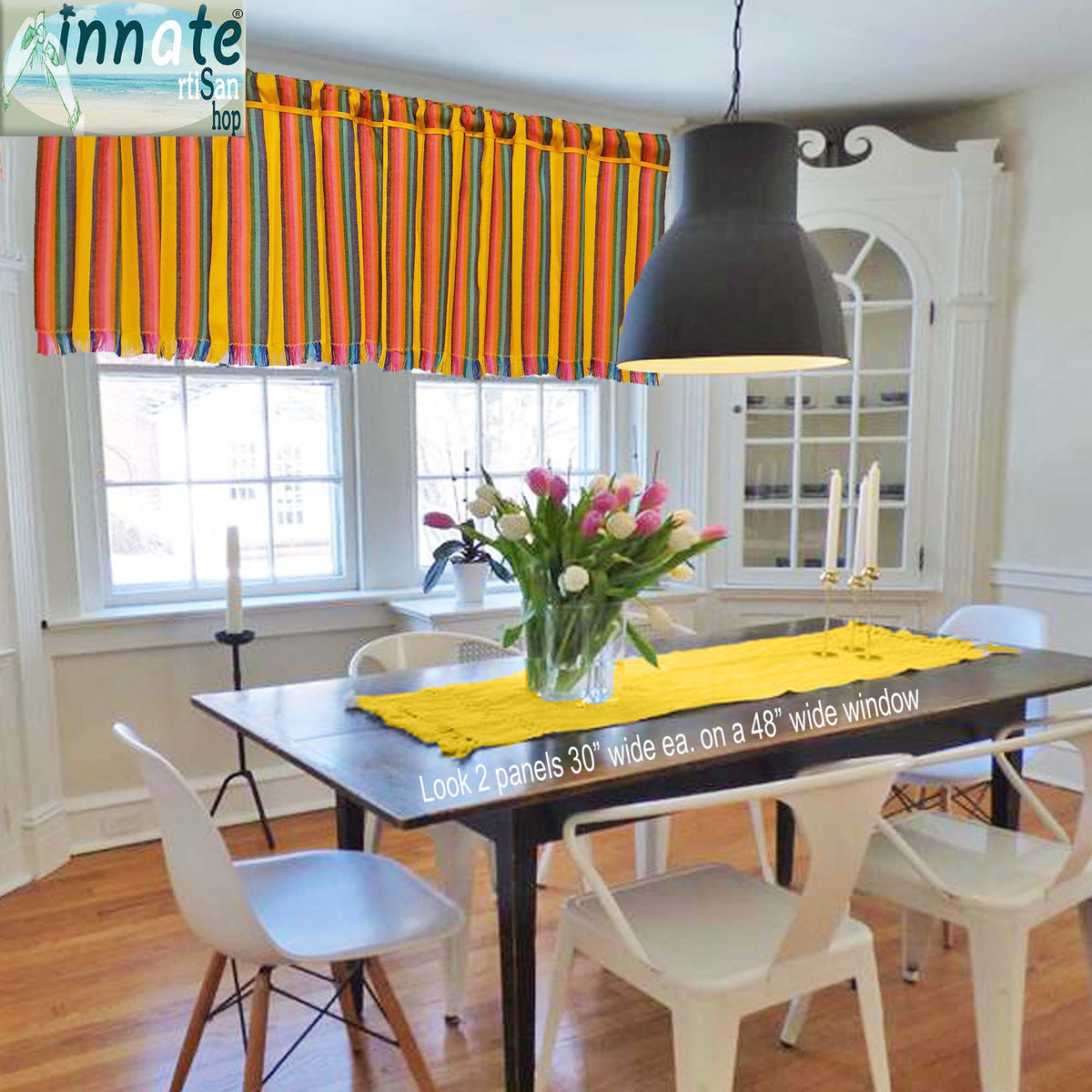 Mexican, kitchen curtains, valance, custom, woven, cambaya, Mexican cafe curtains, Mexican window panels, yellow, mustard, rainbow