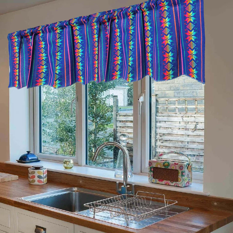 royal blue curtains, cafe curtain, woven, Mexican, Aztec, kitchen, valance, custom