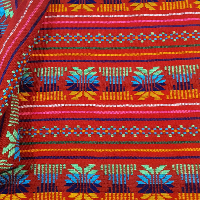 Mexican, table runner, camino de mesa, red, rojo, Aztec, Mayan, embroidered, bordado, woven, tejido, cambaya, fringes, washable