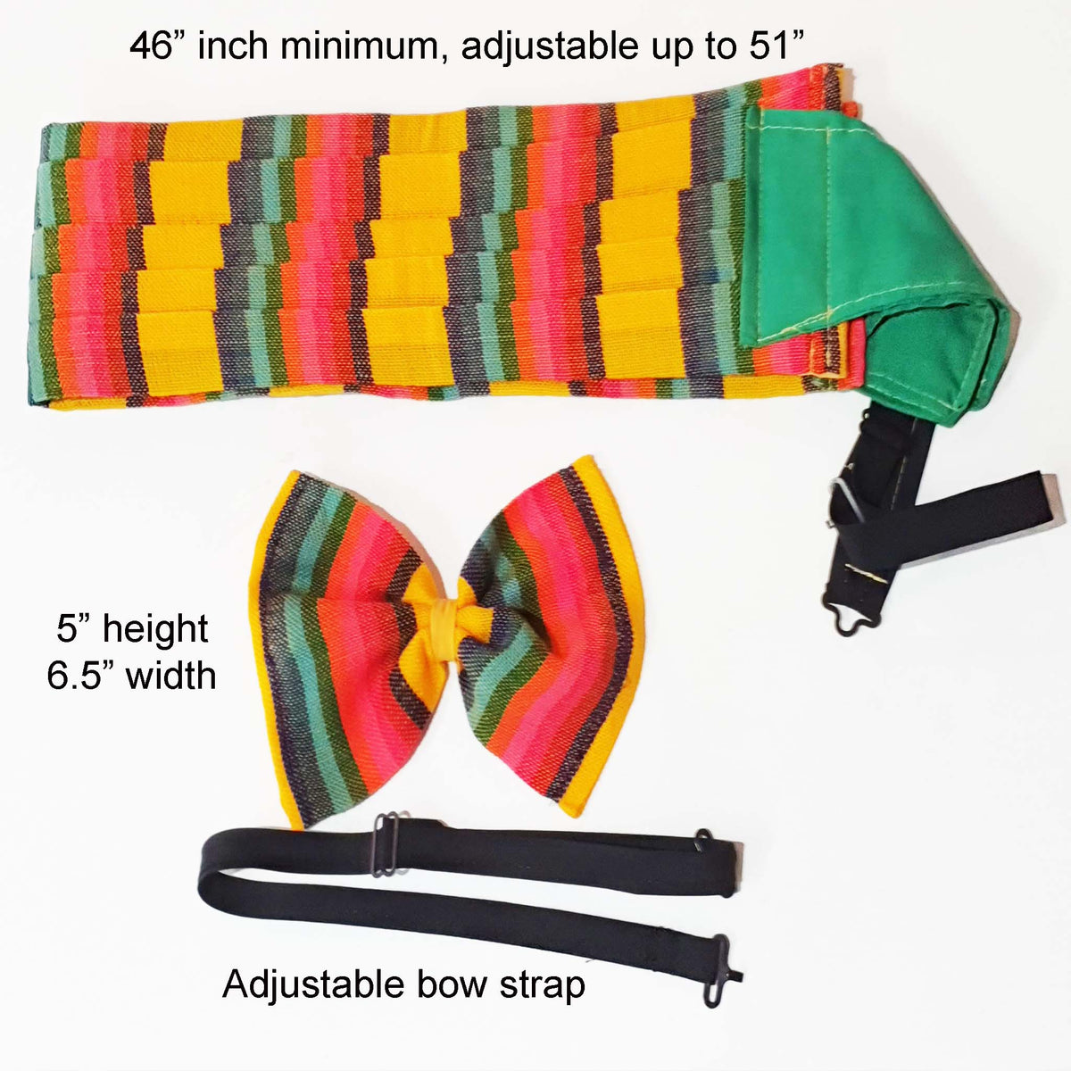 pleated, cummerbund, faja, smoking, tuxedo, bow tie, Mexican, serape, yellow, mango, rainbow, artisan, adjustable, woven, sarape