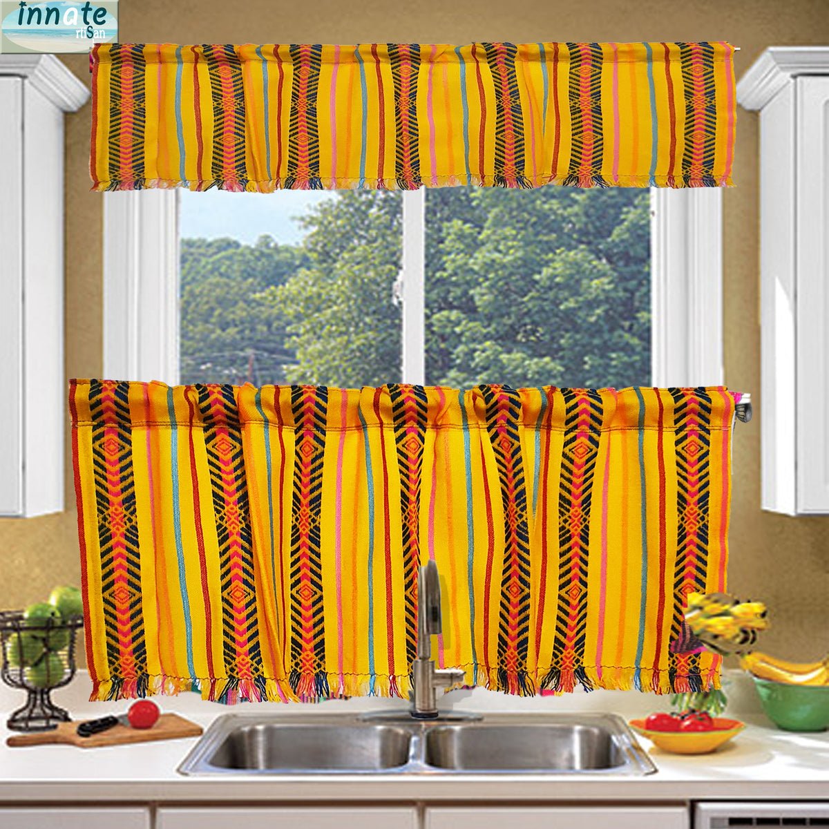 Mexican curtains, valance, kitchen curtain, cortinas para cocina, amarillas, mostaza, mustard, yellow, ethnic, Aztec, Maya