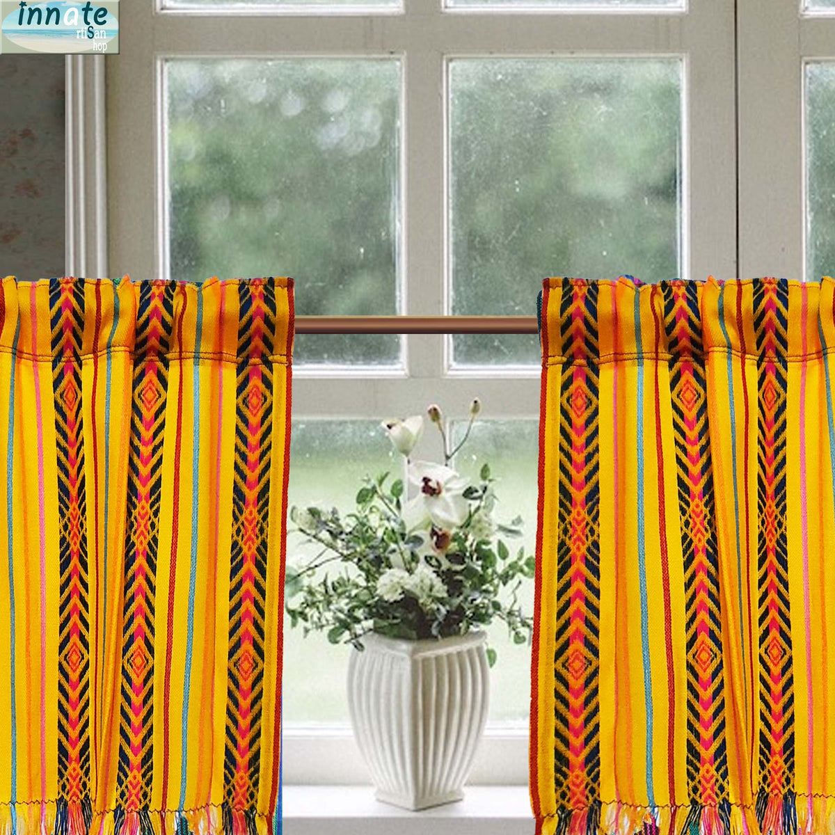 Mexican curtains, valance, kitchen curtain, cortinas para cocina, amarillas, mostaza, mustard, yellow, ethnic, Aztec, Maya