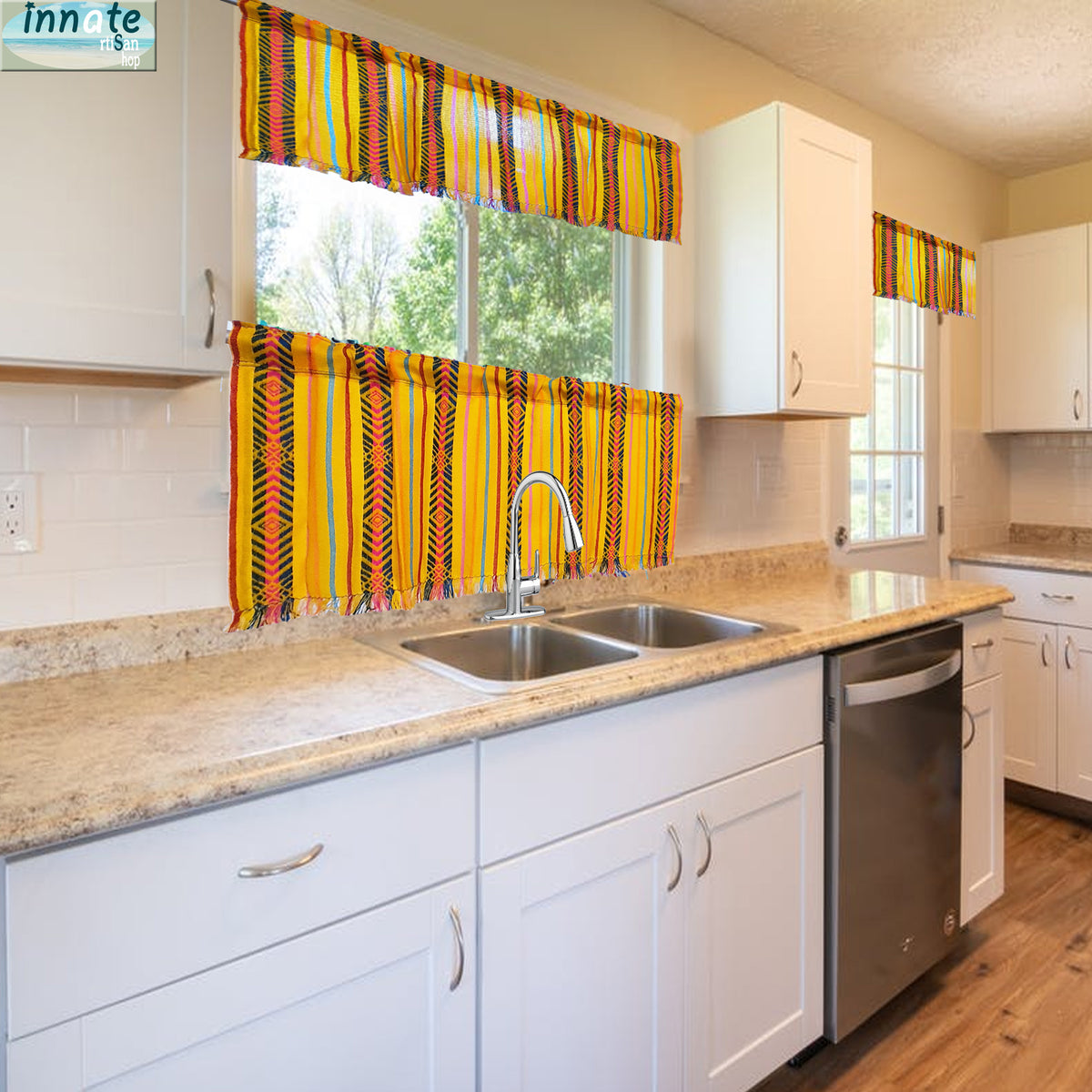 Mexican curtains, valance, kitchen curtain, cortinas para cocina, amarillas, mostaza, mustard, yellow, ethnic, Aztec, Maya