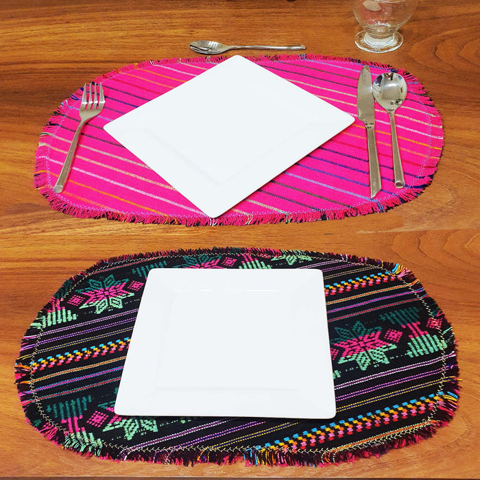 Oval reversible, placemats, Mexican, cambaya, woven fabric, washable, artisan, black placemats, fuchsia, manteles individuales Mexicanos, cambaya