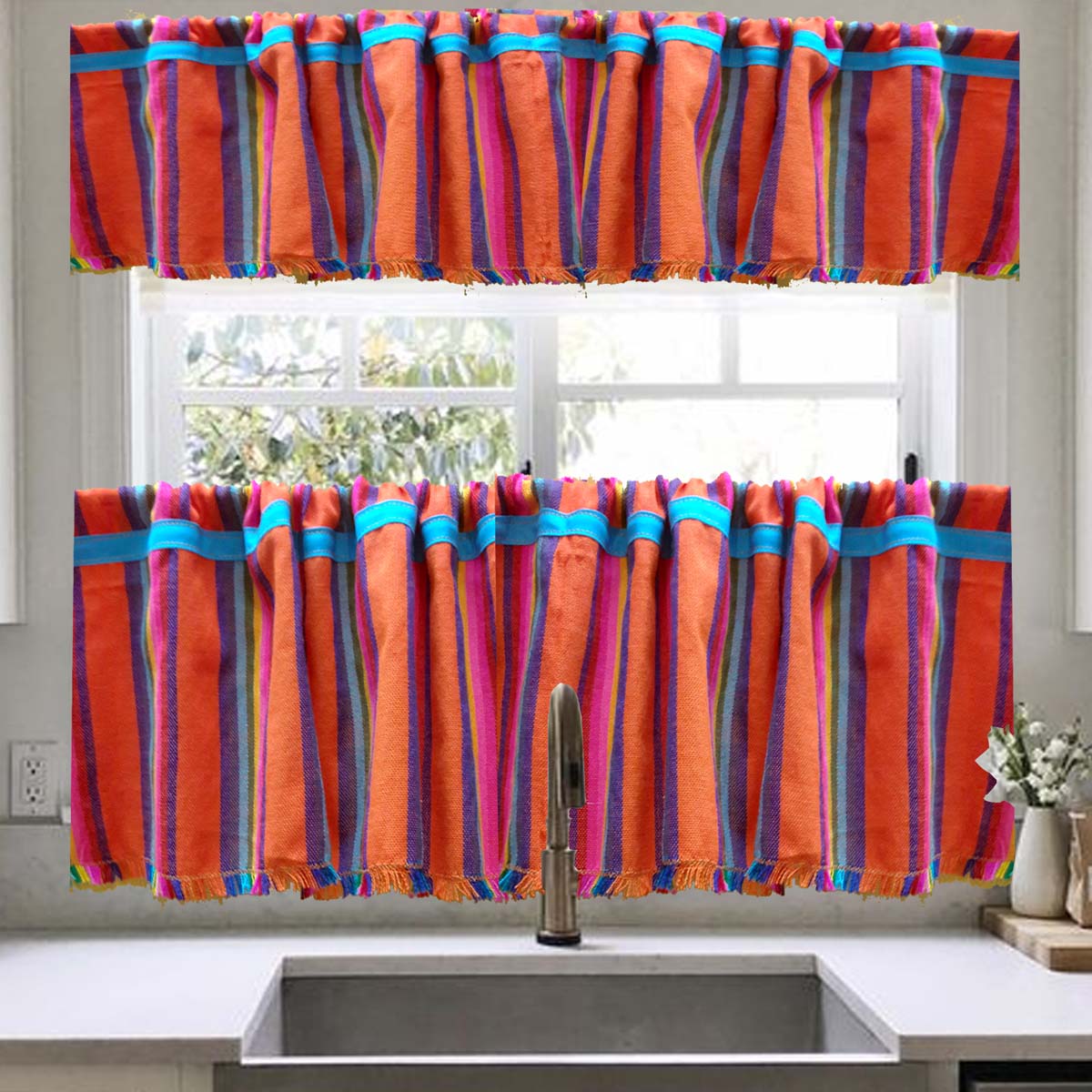 cortinas mexicanas, para cocina, a medida, valance, Mexican curtains, cafe curtains, woven, orange, burnt orange, rainbow