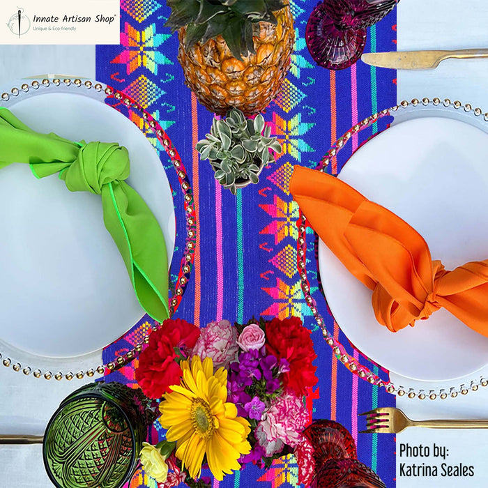 MANTEL, tablecloth, camino de mesa, table runner, Mexican, Mexicano, royal blue, blue, azul rey, azul, bordado, embroidered, cambaya, Aztec, Mayan