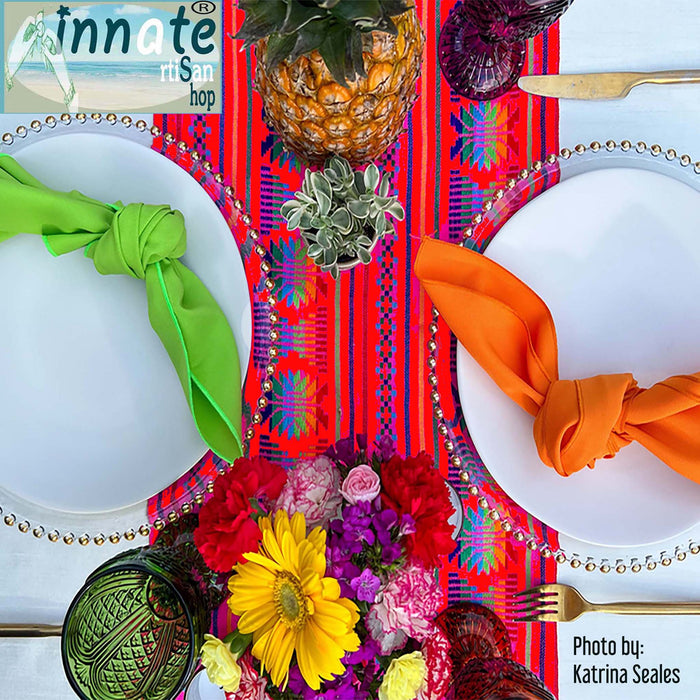 Mexican, Aztec, Mayan, table runner, tablecloth, custom, fiesta, red, rubi red, rojo, camino de mesa, Mexicano, a medida, cambaya, woven, fiesta
