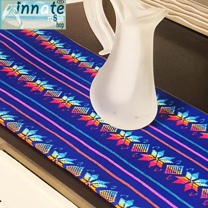 royal blue, Mexican, table runner, woven, embroidered, Maya, Aztec, rainbow