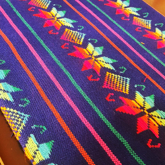 royal blue, Mexican, table runner, woven, embroidered, Maya, Aztec, rainbow
