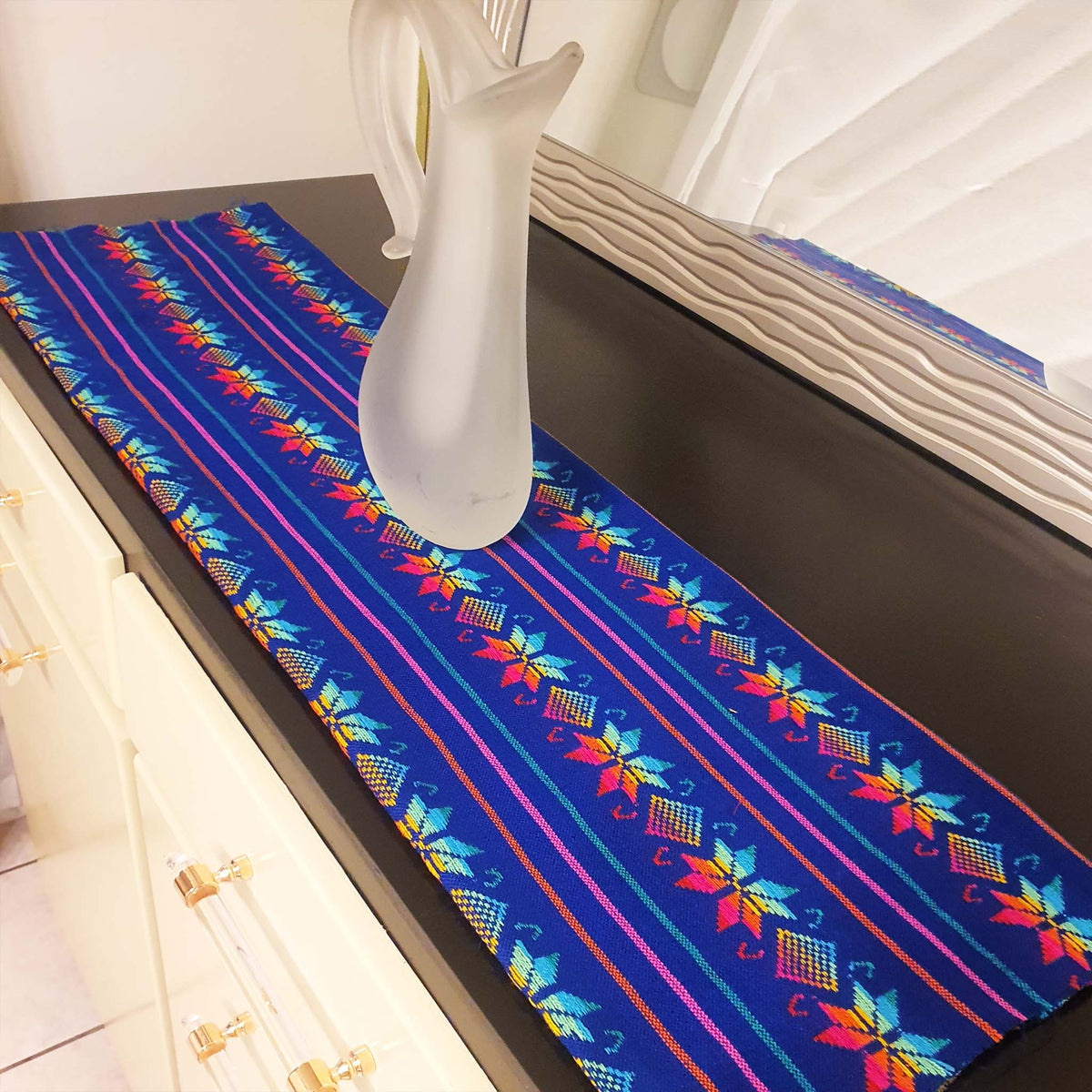 royal blue, Mexican, table runner, woven, embroidered, Maya, Aztec, rainbow