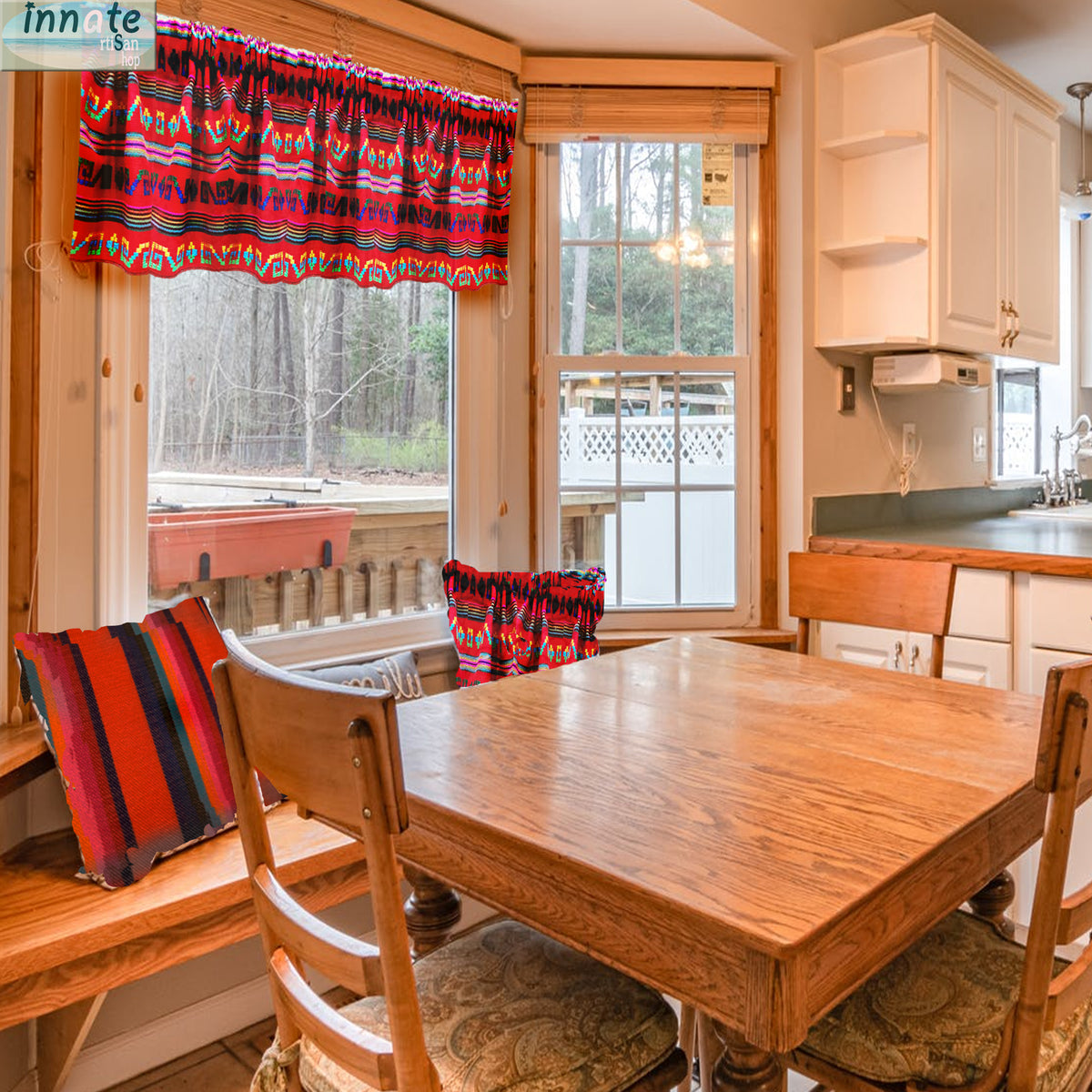 tier curtains, cafe curtains, valance, Mexican, Aztec, ethnic, cambaya, embroidered, red, rojas, cortinas a medida, balance, cortinas delgadas,