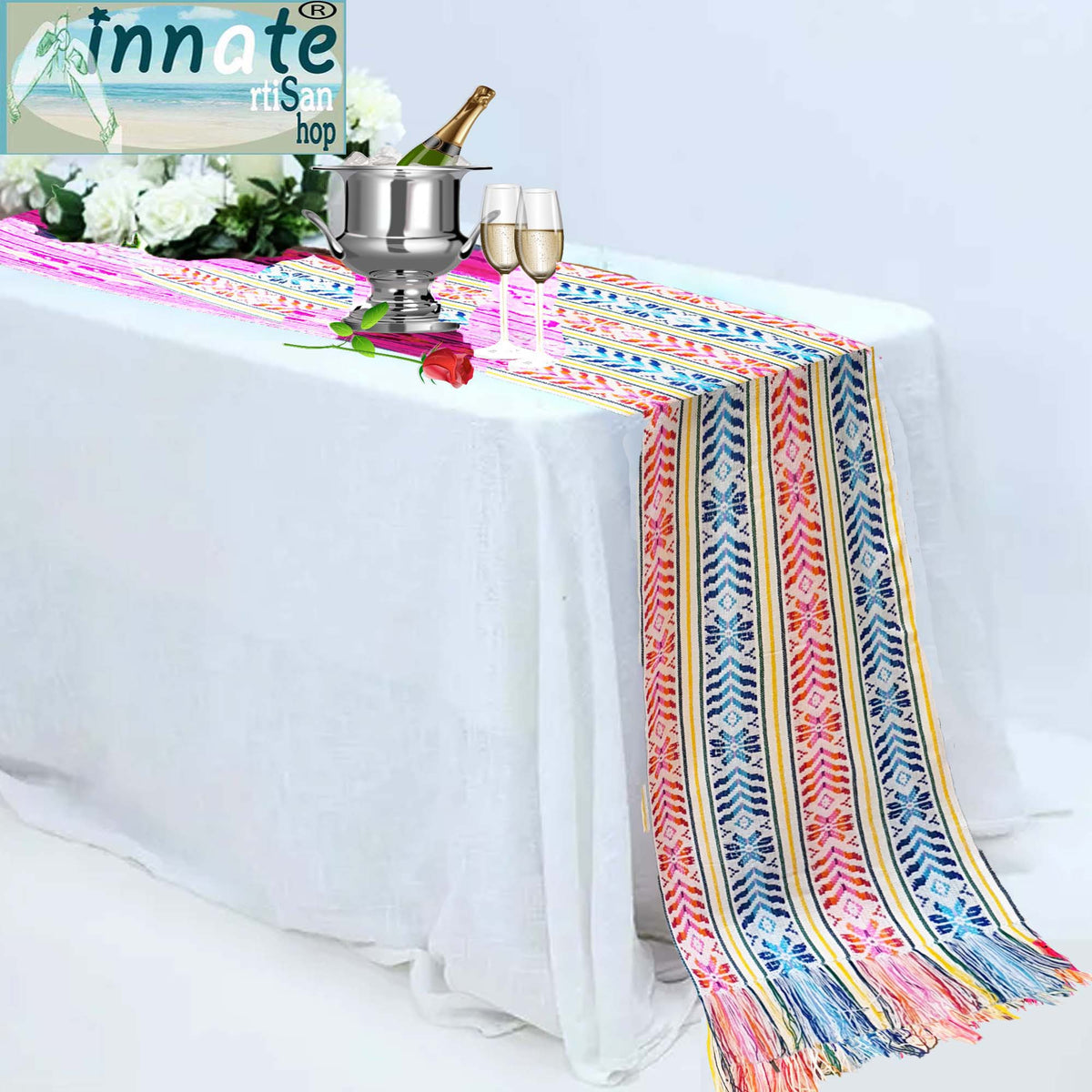 Mexican wedding, table runner, tablecloth, artisan, handmade, custom, Innate Artisan Shop, white table runner, Aztec, floral, cambaya