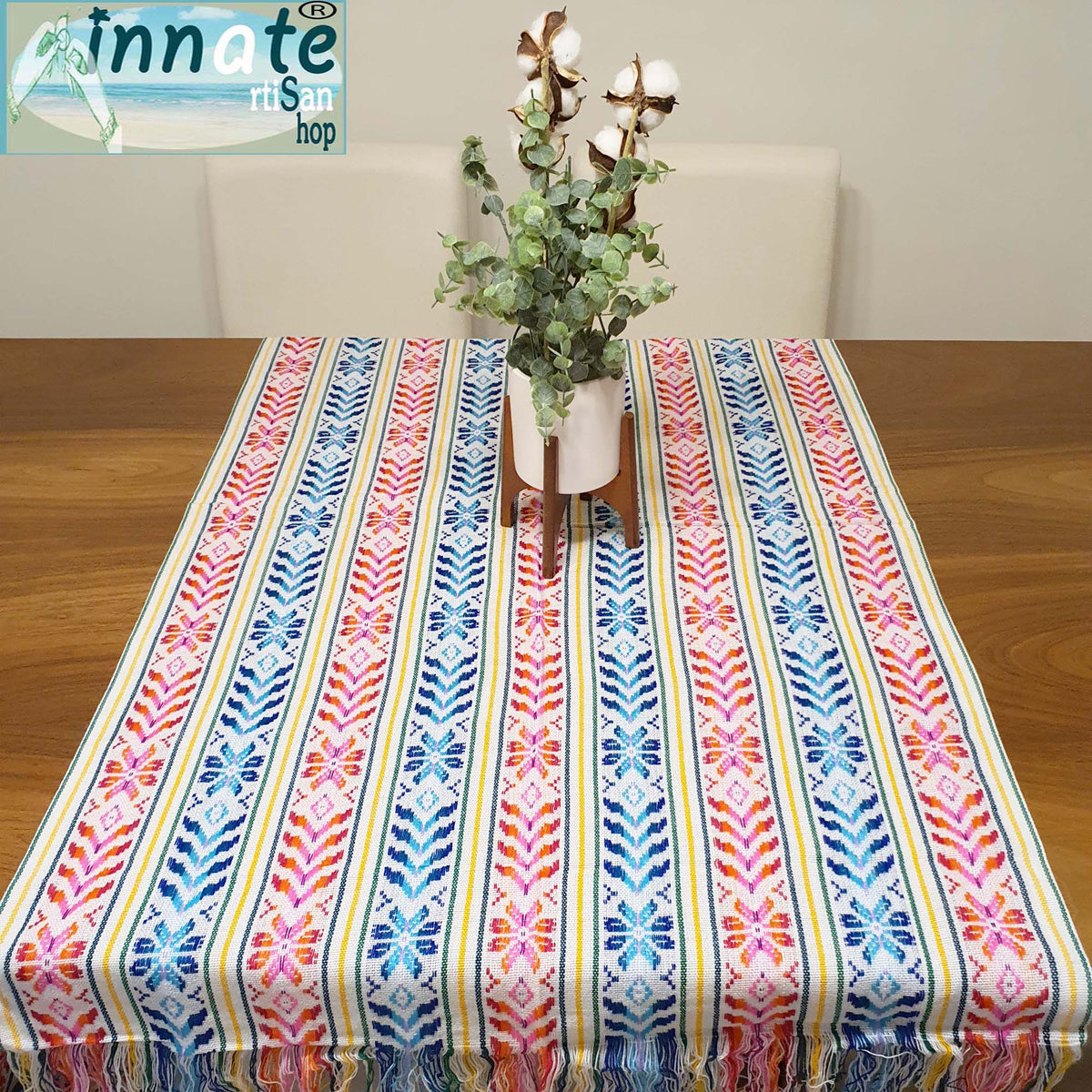 Mexican wedding, table runner, tablecloth, artisan, handmade, custom, Innate Artisan Shop, white table runner, Aztec, floral, cambaya