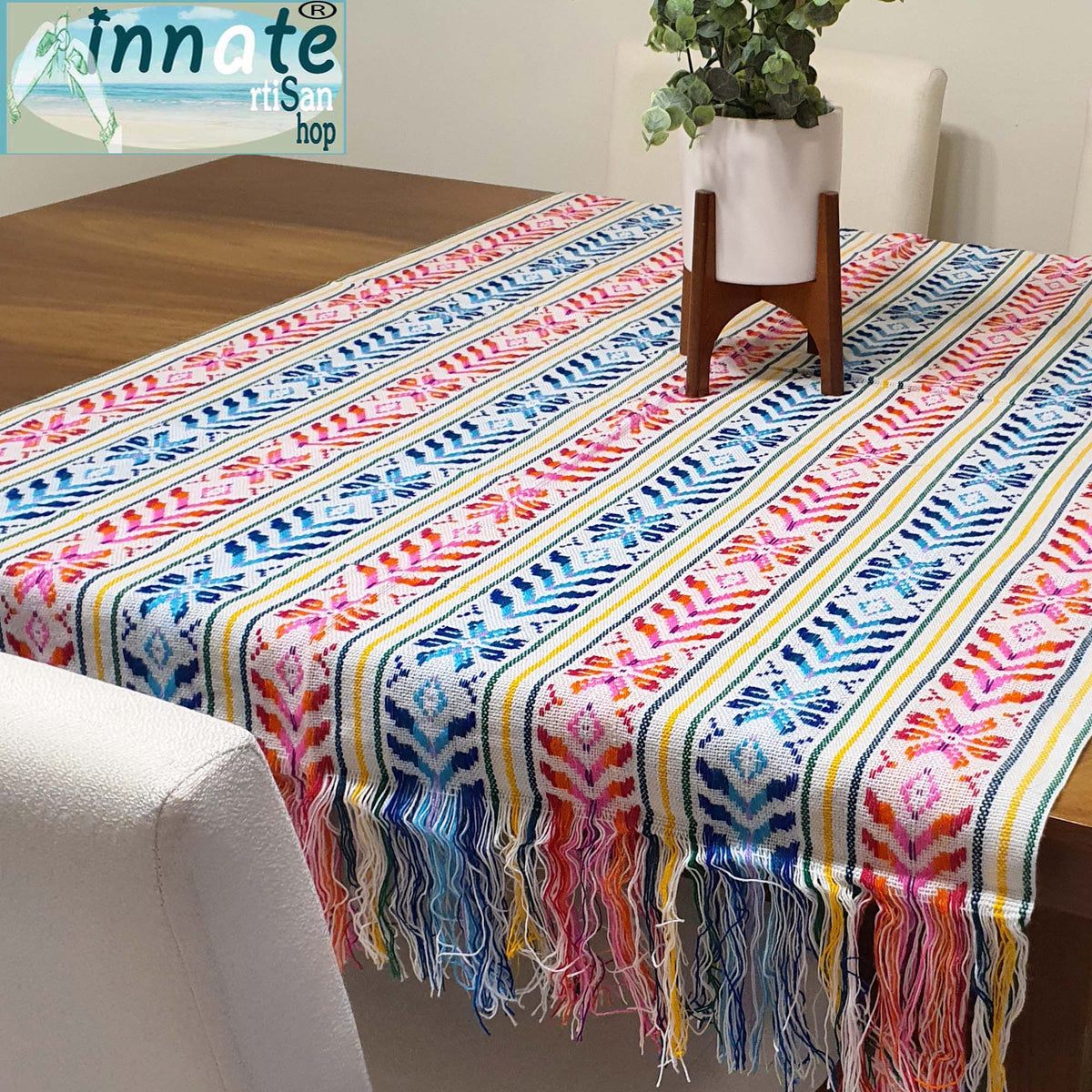 Mexican wedding, table runner, tablecloth, artisan, handmade, custom, Innate Artisan Shop, white table runner, Aztec, floral, cambaya