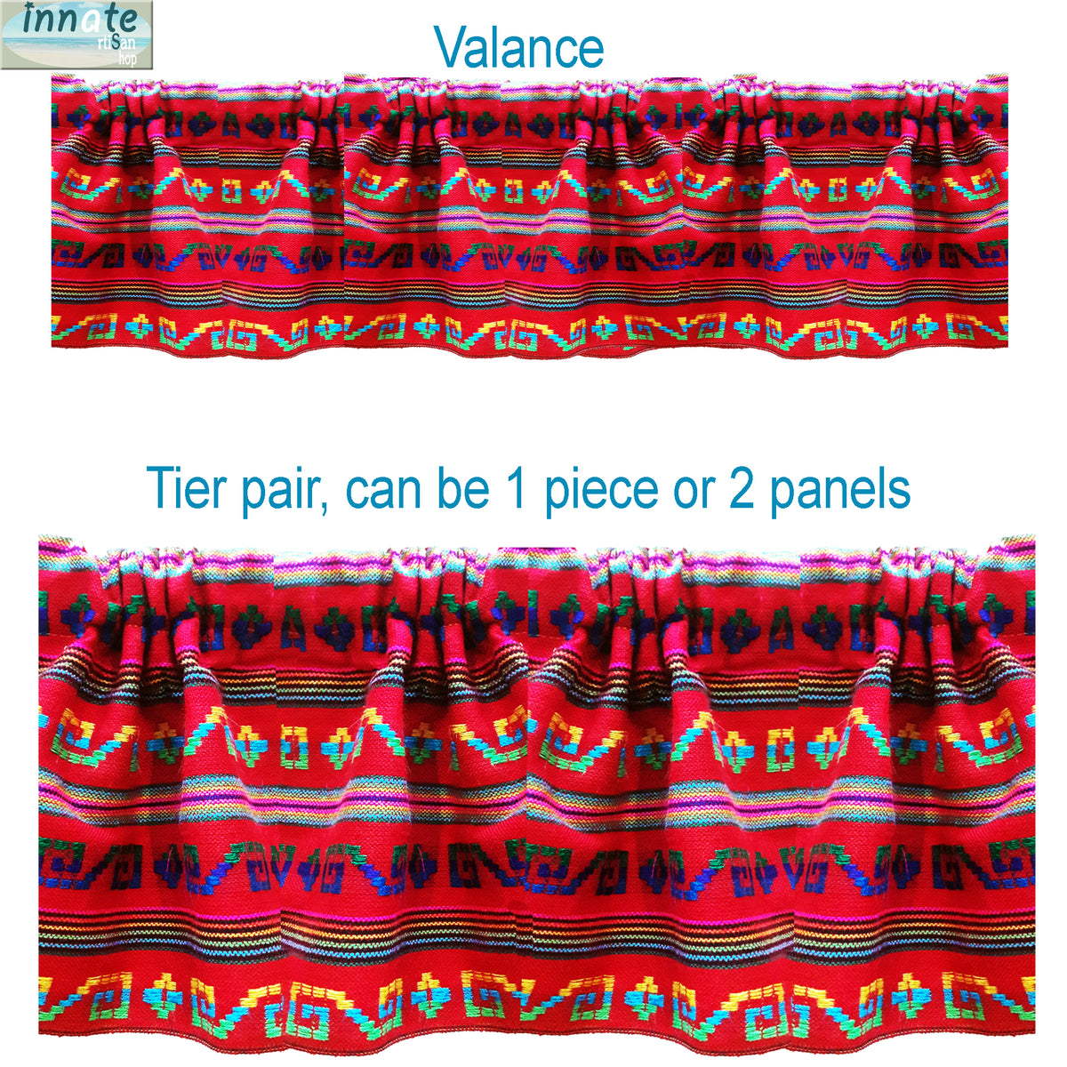 tier curtains, cafe curtains, valance, Mexican, Aztec, ethnic, cambaya, embroidered, red, rojas, cortinas a medida, balance, cortinas delgadas,