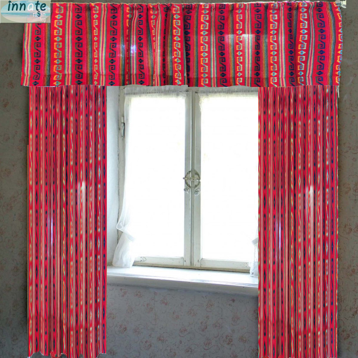 tier curtains, cafe curtains, valance, Mexican, Aztec, ethnic, cambaya, embroidered, red, rojas, cortinas a medida, balance, cortinas delgadas,