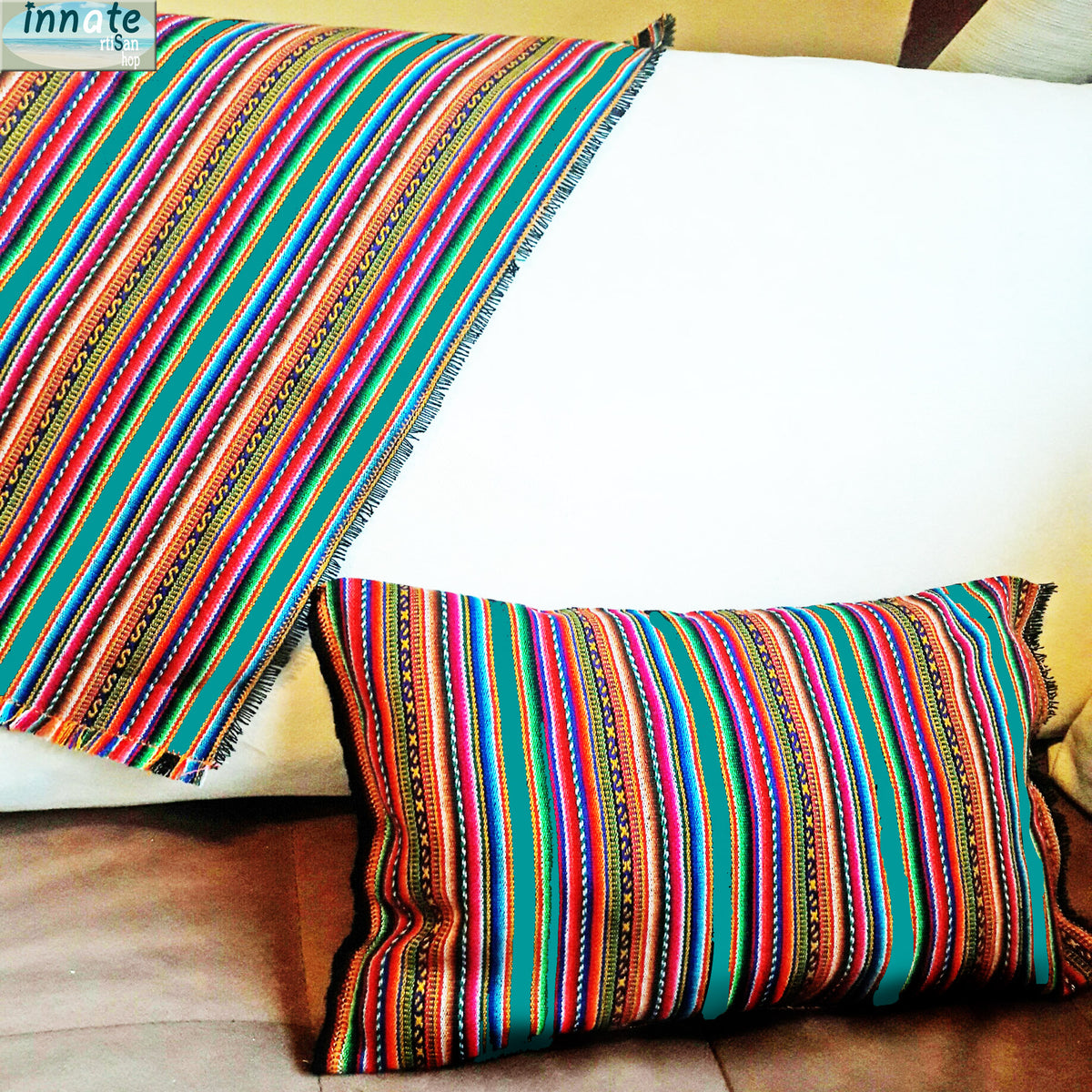 teal, green, emerald, throw pillow, with insert, andean, south america, peruvian, cojines, peruanos, andinos, aguayo, rellenos, with tassels, decor