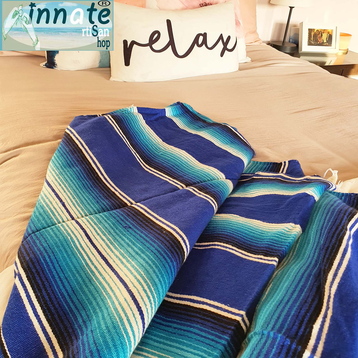 serape blanket, cobija sarape, royal blue, azul rey, full size, cama matrimonial, washable, recycled,, azules, unitono, unicolor