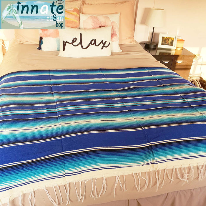 serape blanket, cobija sarape, royal blue, azul rey, full size, cama matrimonial, washable, recycled,, azules, unitono, unicolor