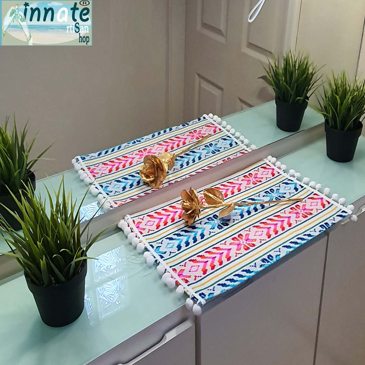 Placemats, Mexican, artisan, loom made, handmade, white, Mexican placemats, xmas placemats, aztec placemats, pompom placemats,.manteles individuales,Mexicanos, artesanos