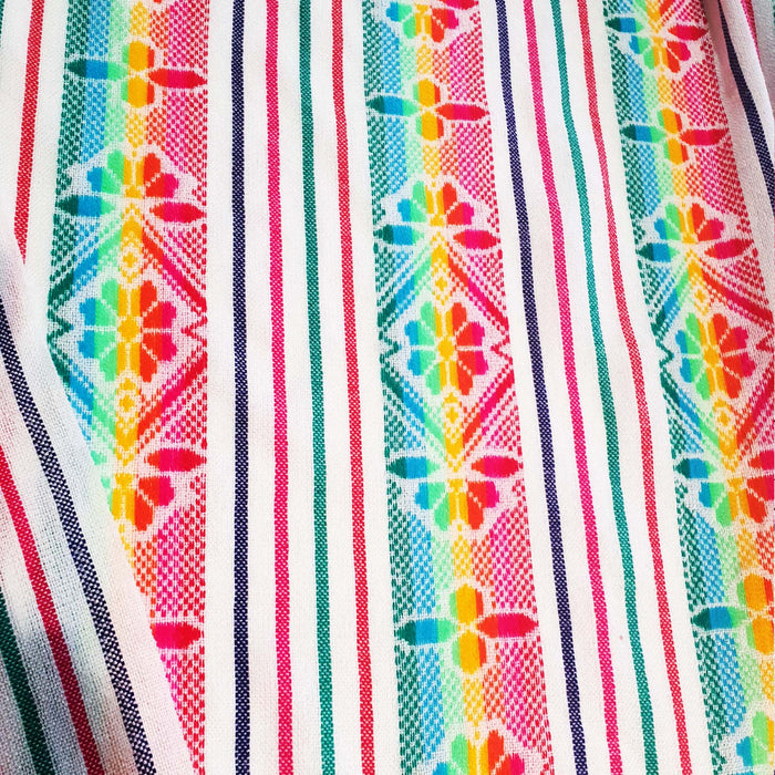 mexican fabric, by the yard, white, mexican wedding, floral, rainbow, cambaya, woven, fiesta