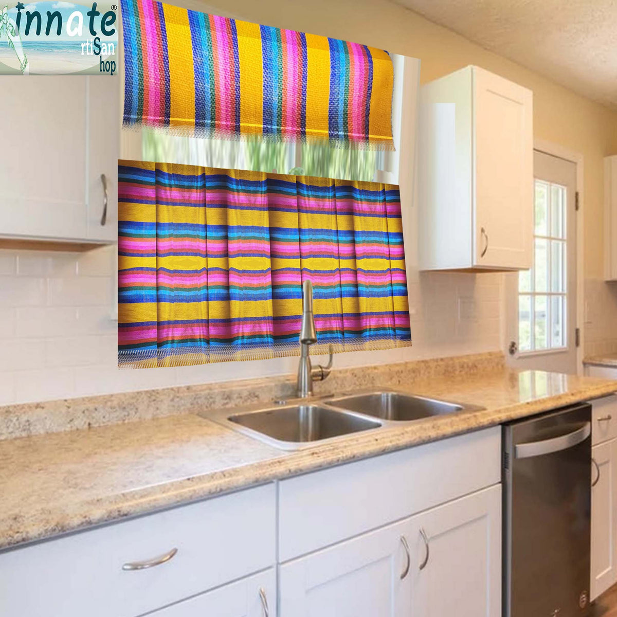 Mexican, kitchen curtains, valance, custom, woven, cambaya, Mexican cafe curtains, Mexican window panels, yellow, mustard, rainbow