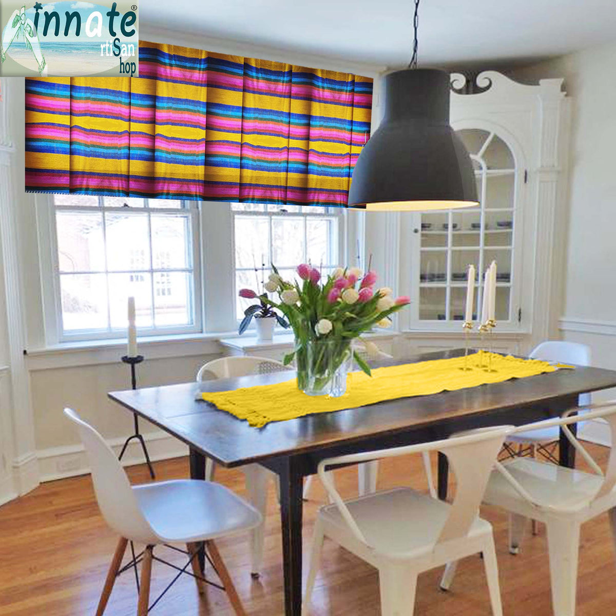 Mexican, kitchen curtains, valance, custom, woven, cambaya, Mexican cafe curtains, Mexican window panels, yellow, mustard, rainbow