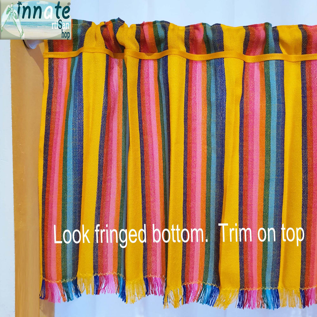 Mexican, kitchen curtains, valance, custom, woven, cambaya, Mexican cafe curtains, Mexican window panels, yellow, mustard, rainbow
