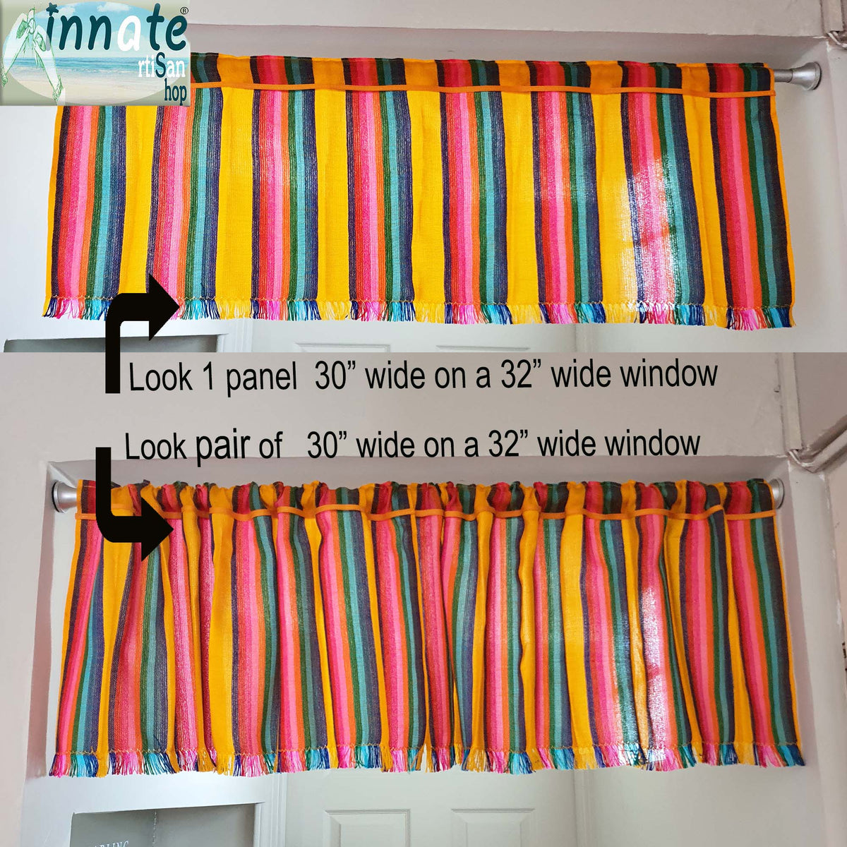 Mexican, kitchen curtains, valance, custom, woven, cambaya, Mexican cafe curtains, Mexican window panels, yellow, mustard, rainbow