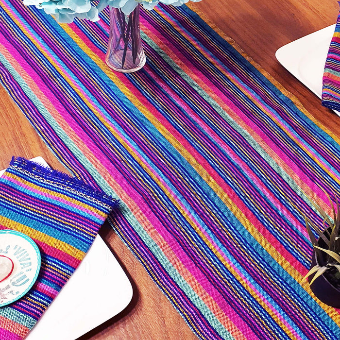 camino de mesa, Mexicano, morado, rayado, cambaya, tejido, artesano, Mexican table runner, purple, woven, artisan
