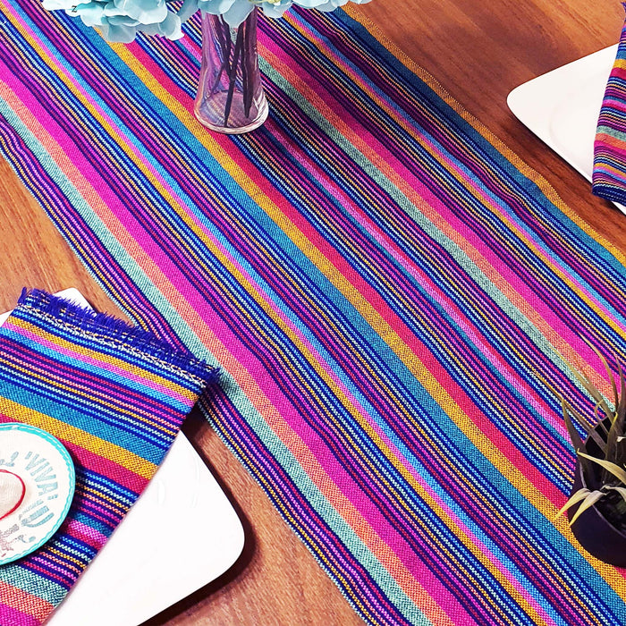 Mexican 9ft table runners, woven, ethnic, artisan, red, fuchsia, mango, yellow, purple, morado
