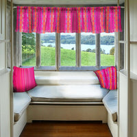 Mexican curtain, with fringes, embroidered, fuchsia, Aztec design, bay window with pillows