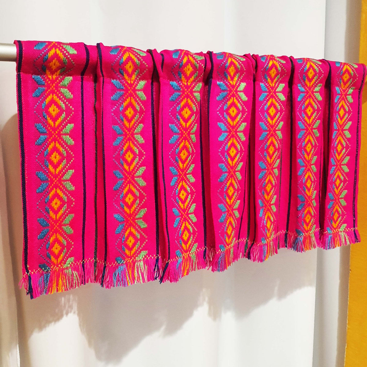 Mexican valance, with fringes, embroidered, fuchsia, Aztec design
