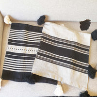 throw pillow, cases, cover, artisan, pedal loom , woven , Mexican, black and white, B&W, pompoms, washable, colorfast