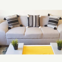 throw pillow, cases, cover, artisan, pedal loom , woven , Mexican, black and white, B&W, pompoms, washable, colorfast