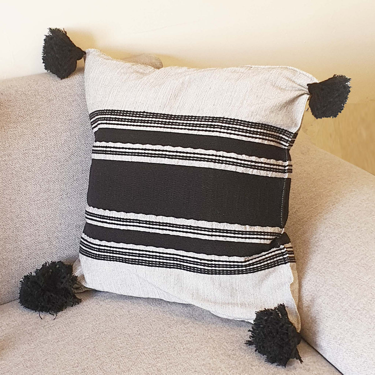 throw pillow, cases, cover, artisan, pedal loom , woven , Mexican, black and white, B&W, pompoms, washable, colorfast