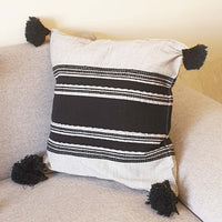 throw pillow, cases, cover, artisan, pedal loom , woven , Mexican, black and white, B&W, pompoms, washable, colorfast