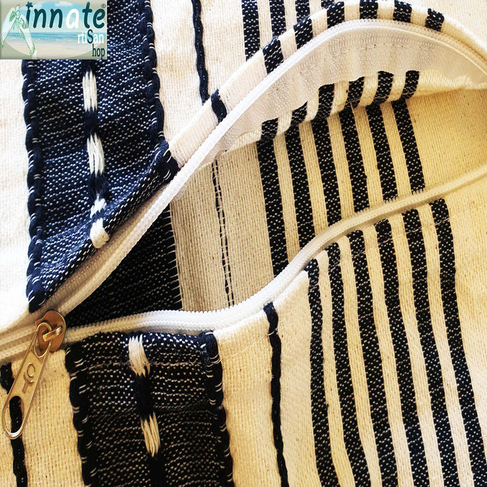 throw pillow, cover, woven, Mexican, navy blue, striped, washable, square, artisan, Oaxaca
