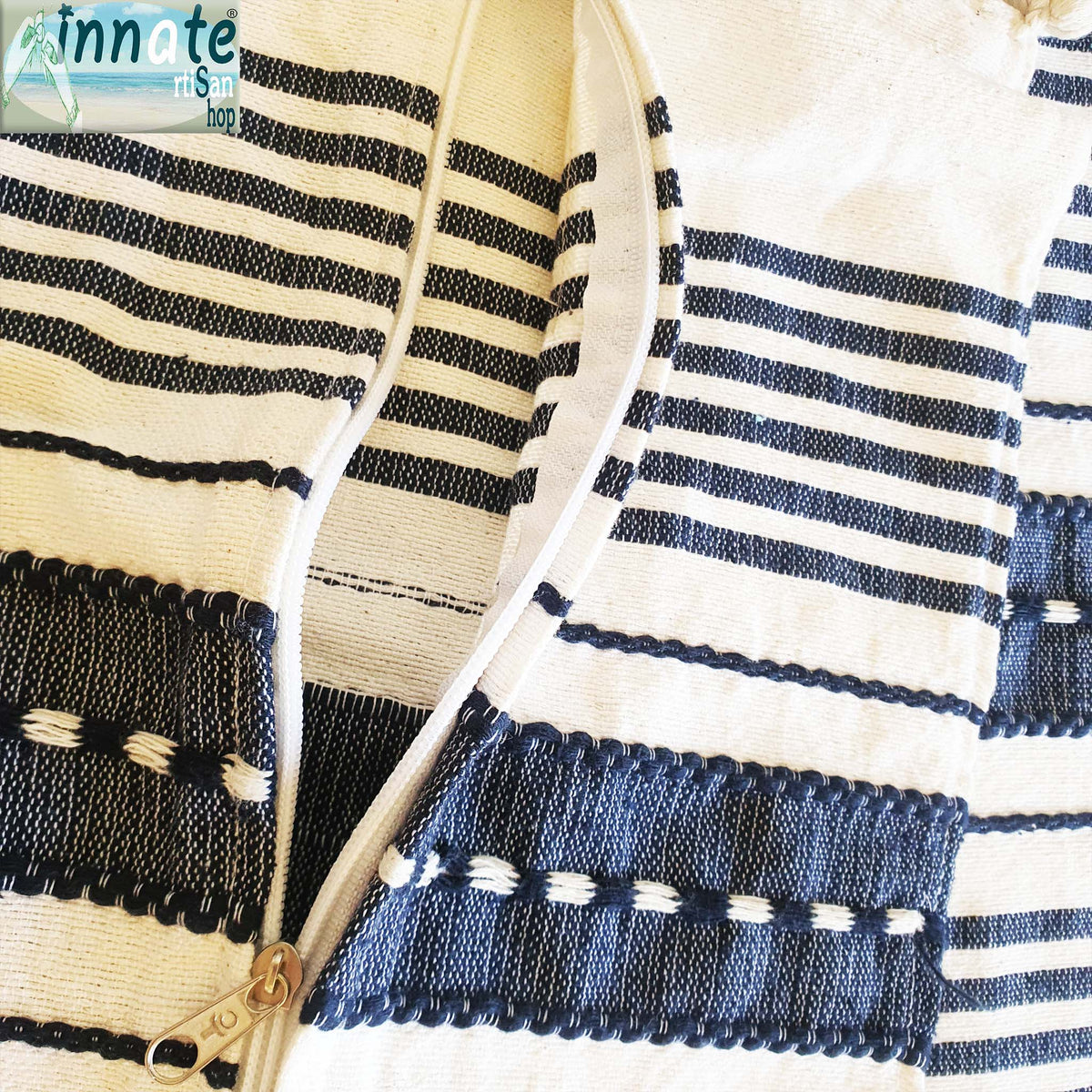 throw pillow, cover, woven, Mexican, navy blue, striped, washable, square, artisan, Oaxaca